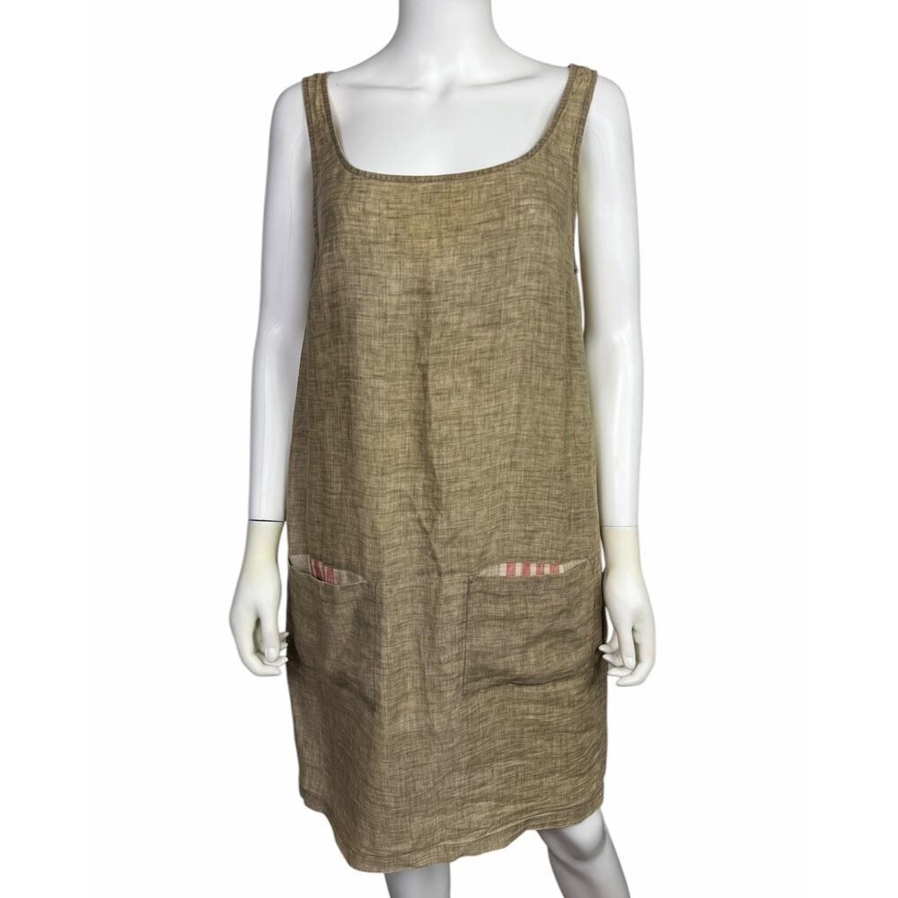 Cotelac Women's 2 Brown Linen Scoop Mini Dress Pockets Lagenlook Artsy EUC